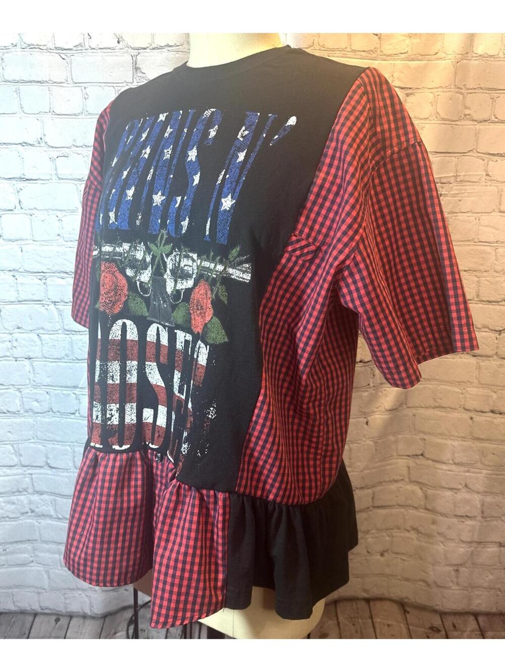 Upcycled Reformed Guns N' Roses 4th of July Red White Blue Checkered Ruffled Top